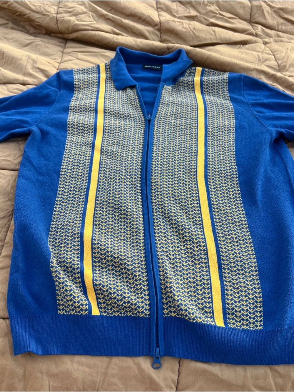 Paul Fredrick Cobalt Cotton Zip-Up Polo Sweater with Yellow Stripe Panels Size M